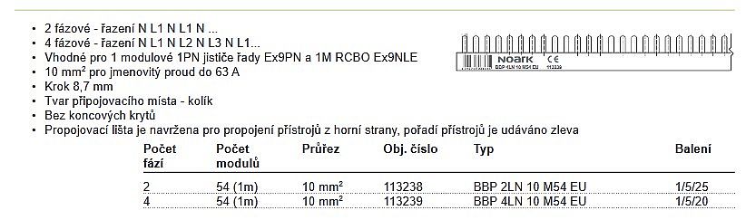 Propojovací lišta NOARK 113239 / 3P+N / 54mod (1m) / 10mm2 / BBP 4LN 10 M54 EU