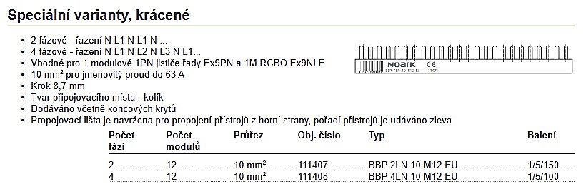 Propojovací lišta NOARK 111408 / 3P+N / 12mod / 10mm2 / BBP 4LN 10 M12 EU