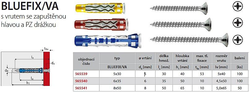 Hmoždinka s vrutem BLUEFIX/VA ø5x30 žlutá 100ks