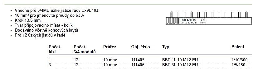 Propojovací lišta NOARK 111406/3P/12mod/10mm2/BBP 3L 10 M12 EU uzke jistice